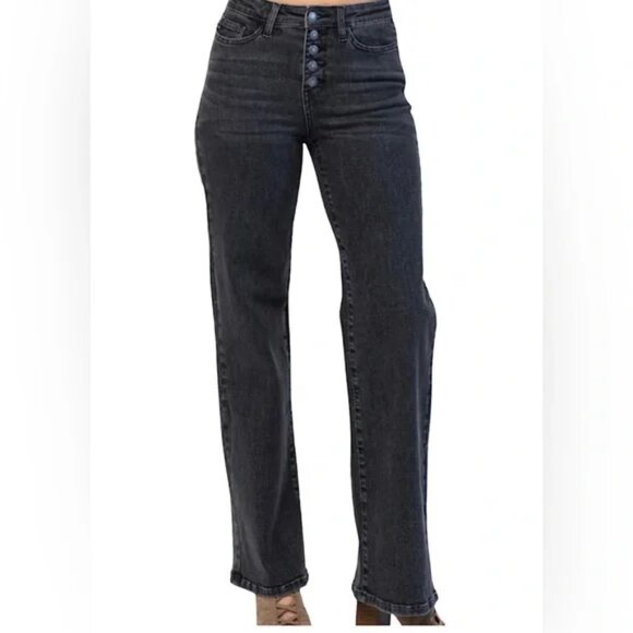 Judy Blue Women’s Button‎ Fly High Rise Wide Leg Black Denim Jeans Size 7/28 - Picture 1 of 14